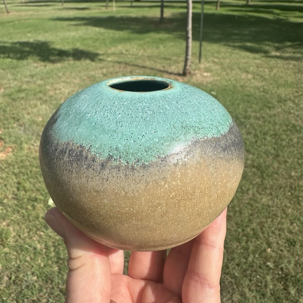 Signed Art Pottery Vase Blue Brown Turquoise Round Globe Bud Vase Handmade 3"